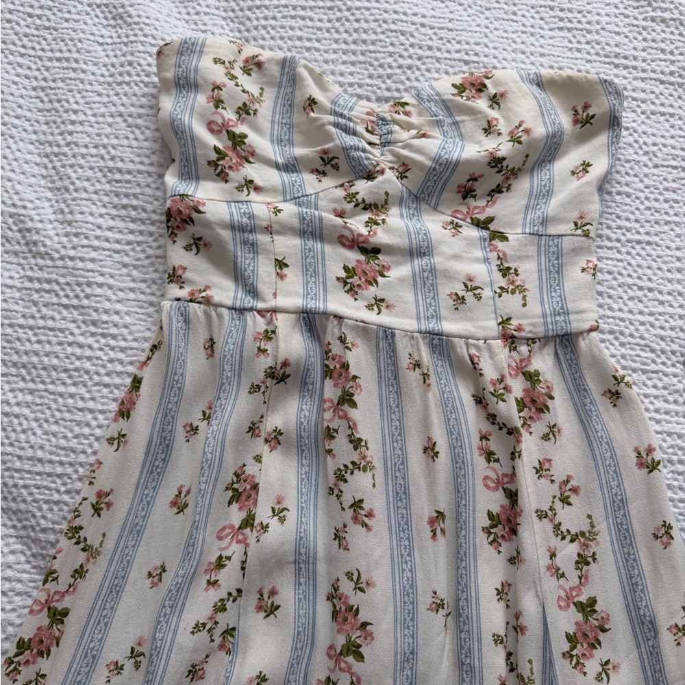 Reformation Floral Stripe Strapless Dress in Cream and Blue